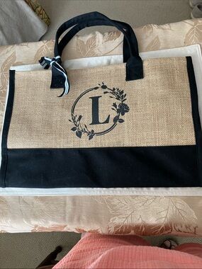 Monogram 'L' Natural and Black Jute Tote Bag